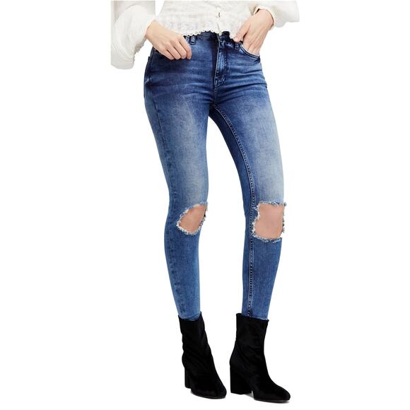 Free People High Rise Busted Ripped Knee Blue Skinny Jeans Size 28 - Picture 8 of 8